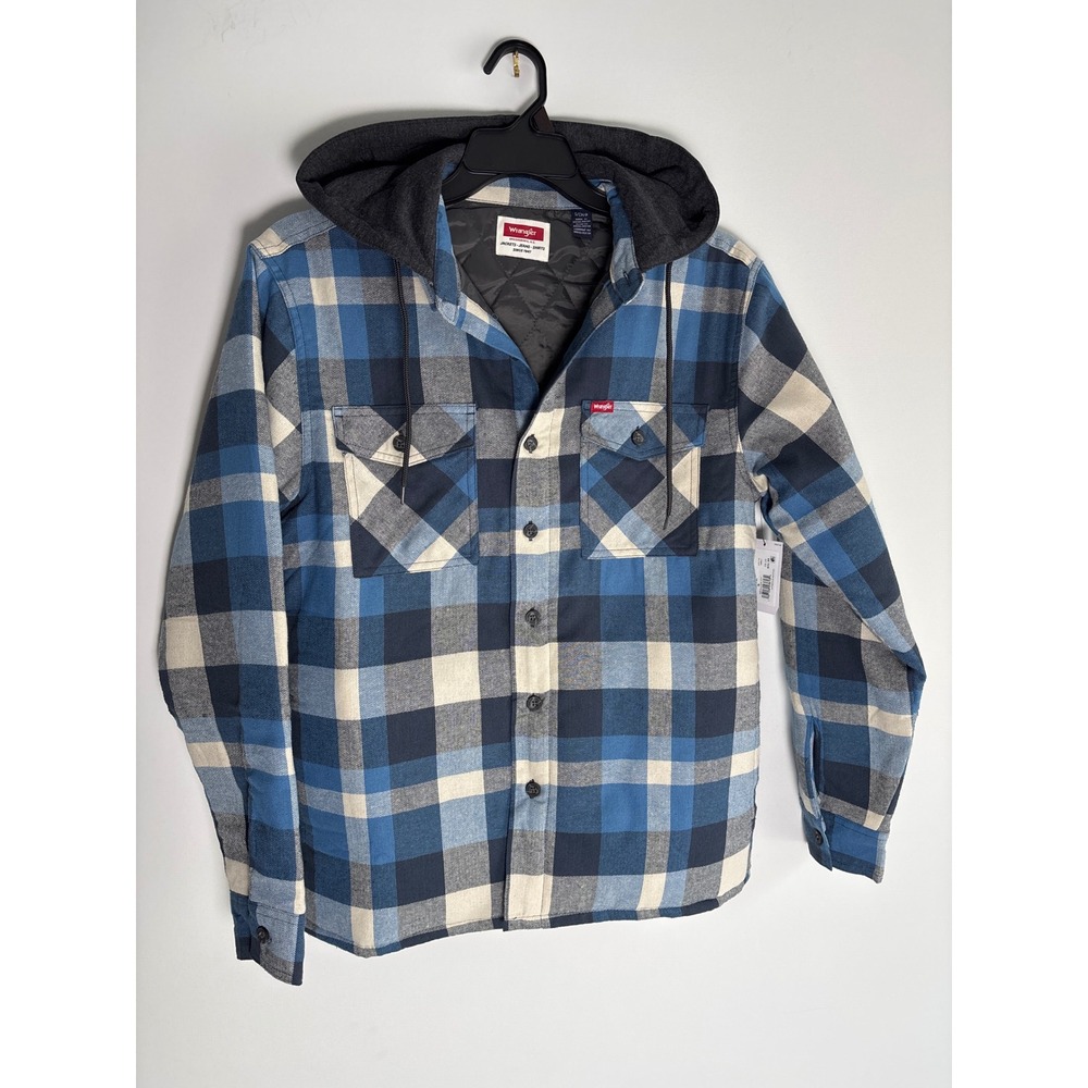 Wrangler Hooded Shirt Jacket Men S Buffalo Blue Plaid Quilted Lined Workwear New